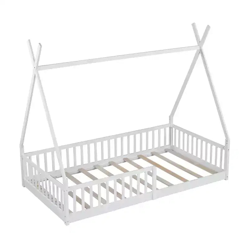 Vloerbed voor kinderen, tentbedden in eenpersoonsformaat, Montessori-vloerbed met latten en hekwerk, houten huisbedframe voor jongens en meisjes
