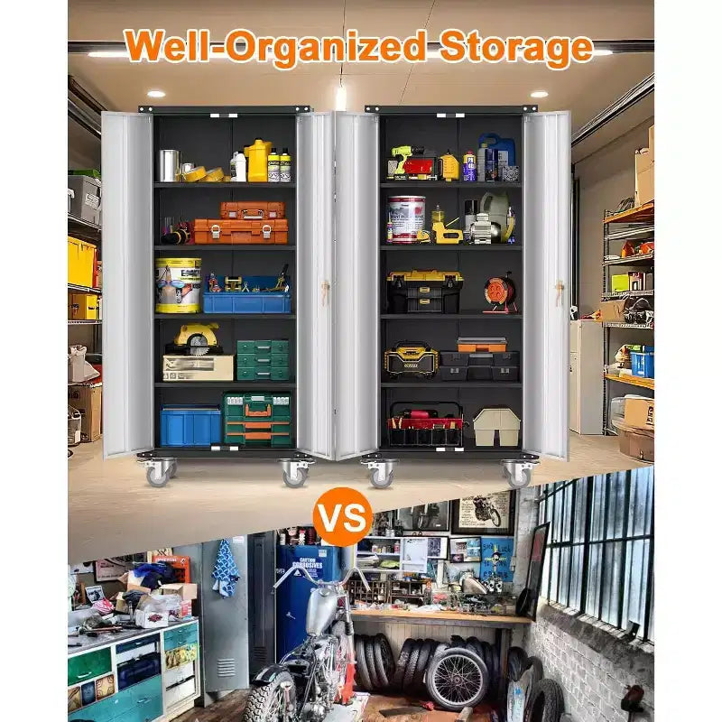 Armoire de rangement pour garage avec roulettes et panneau perforé, armoire métallique verrouillable de 72 H avec 2 portes et 4 étagères réglables pour atelier de garage