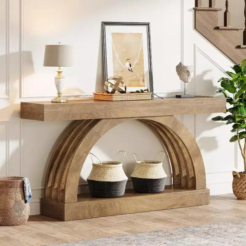 Lantine haltafel van 63 inch, banktafel met 2 niveaus voor achter de bank, smalle unieke console in boerderijstijl met boog voor de hal, woonkamer en entree, naturel