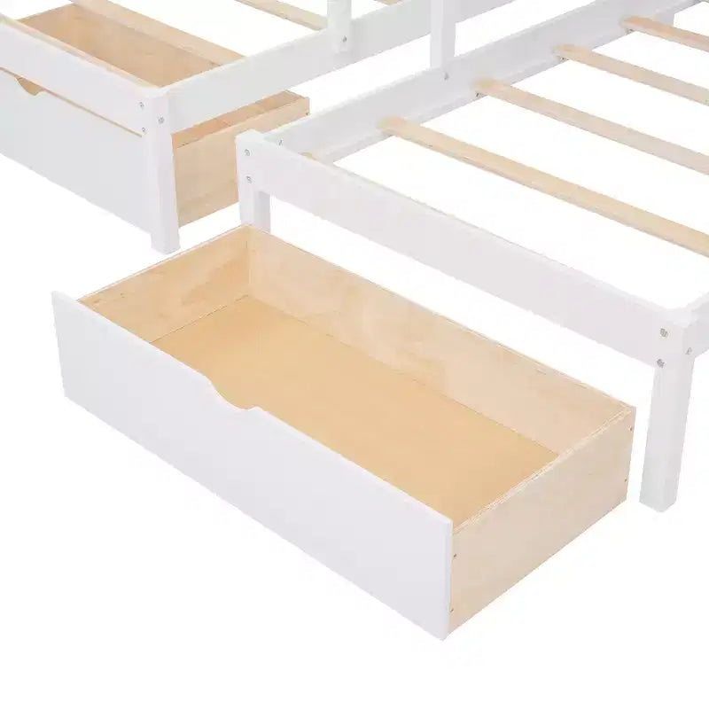 Lit superposé Whisen avec lit double au-dessus de deux lits simples, en bois, avec tiroirs et barrières de sécurité