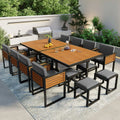 Eetset voor op het terras van acaciahout, 18-delig, met 8 stoelen met kussens, 8 ottomanen en 2 vierkante tafels
