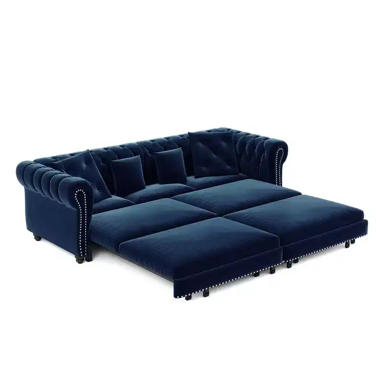 Canapé-lit convertible 3-en-1 Whisen en velours, format king size, avec pouf mobile, design capitonné