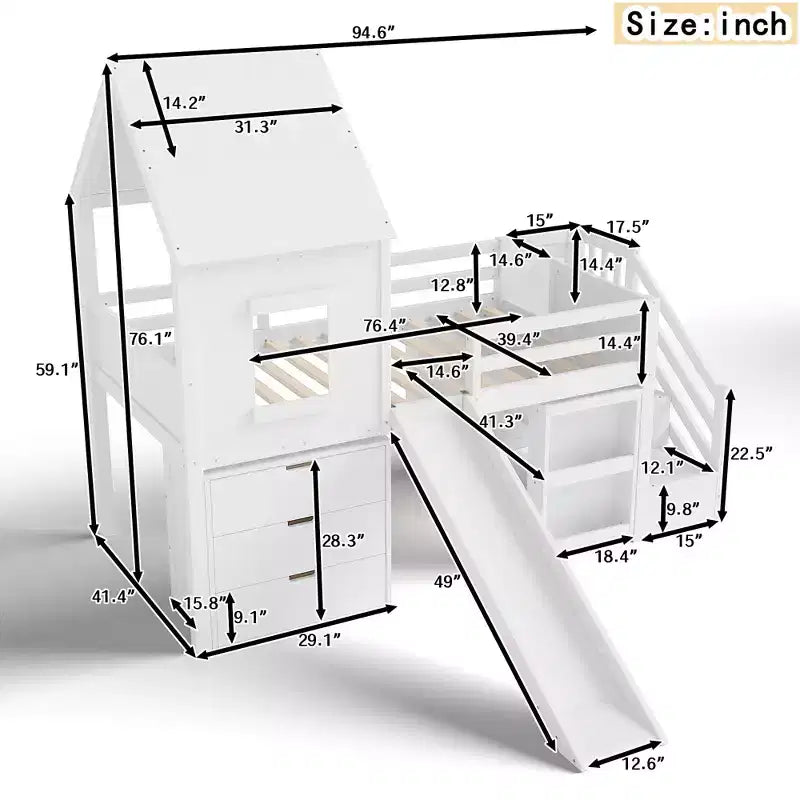 Einzel-Hochbett mit 3 Schubladen und Treppe mit Stauraum, Hausbett aus Holz mit Rutsche und abnehmbarem Schreibtisch