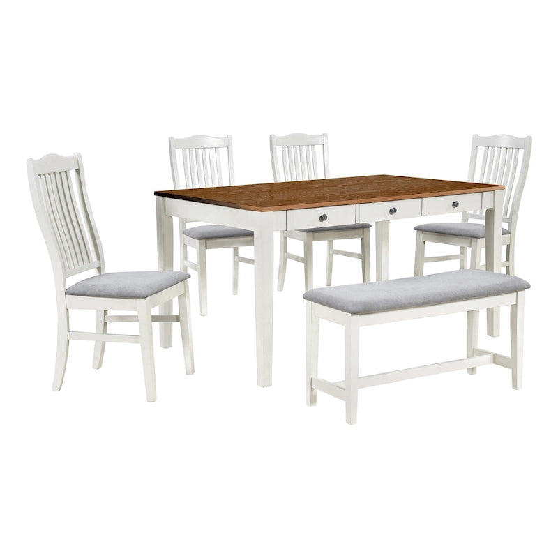 Ensemble de salle à manger en bois de 6 pièces avec 4 chaises et un banc, table avec tiroir