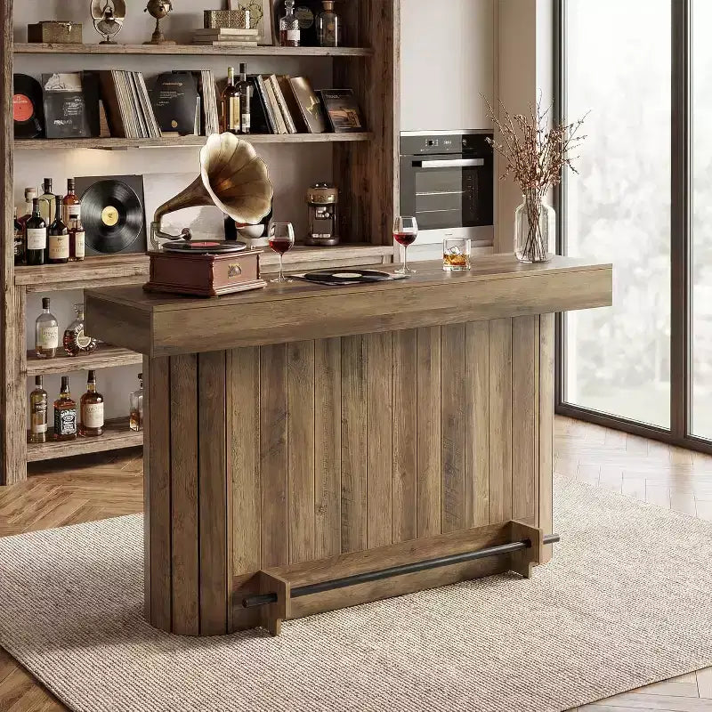 Lantine bartafel, houten thuisbar van 63-inch met metalen voetsteun, pubtafel met opbergrekken voor woonkamer, bistro en eetkamer (bruin)