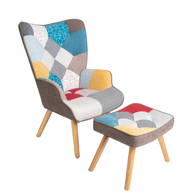 Akzentstuhl mit Hocker, Wohnzimmer-Stuhl- und Hocker-Set, bequemer Beistellsessel für das Schlafzimmer, kreativ zusammengesetzter Stoffbezug