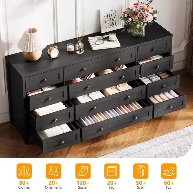 Cassettiera in legno con 12 cassetti per camera da letto, credenza TV moderna e larga per TV da 65 pollici, cassettiera in legno, contenitore in stile rustico per il soggiorno