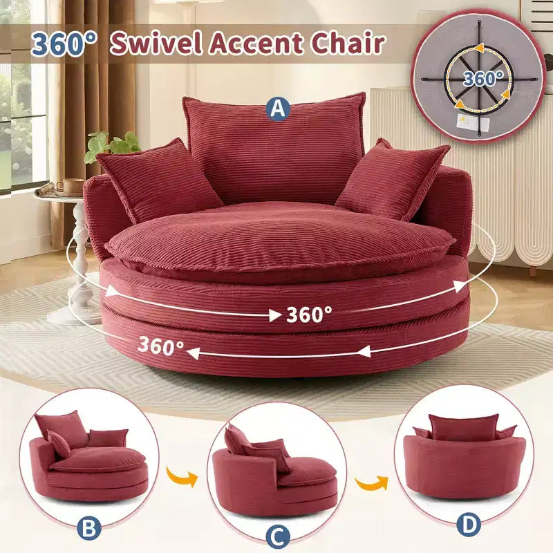 Fauteuil d’appoint pivotant à 360°, fauteuil tonneau rond pivotant avec coussin pour le salon