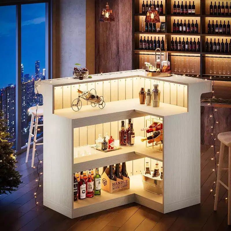 Bancone bar angolare a L Lantine per la casa, mobile da bar ad angolo a 4 ripiani con mensole e portabicchieri da vino per pub domestico