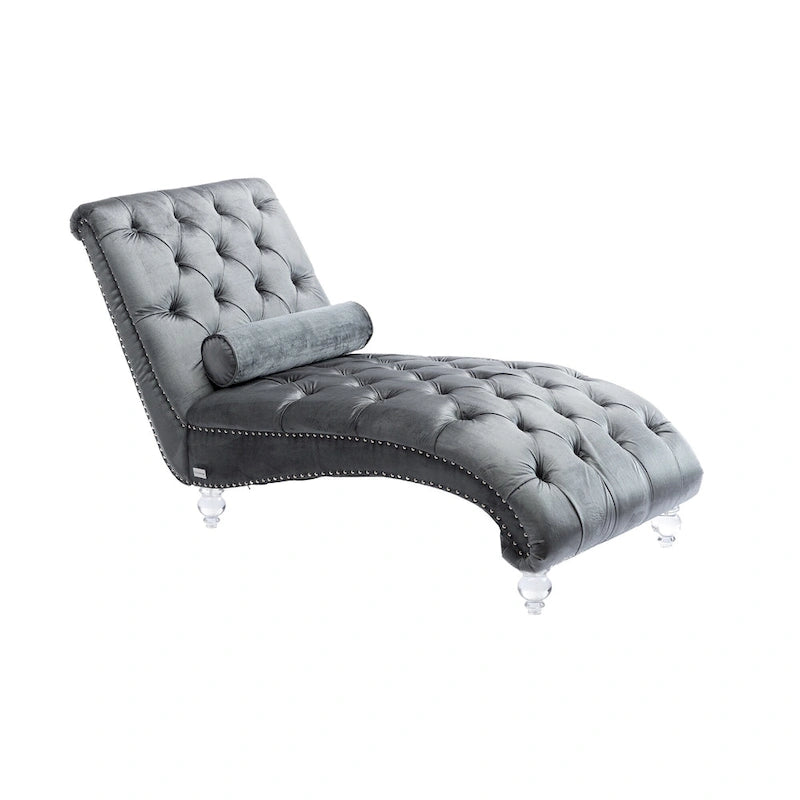 Gepolsterte Samt-Chaiselongue mit Knopfheftung, Liegefunktion, Kissen und Acrylfüßen