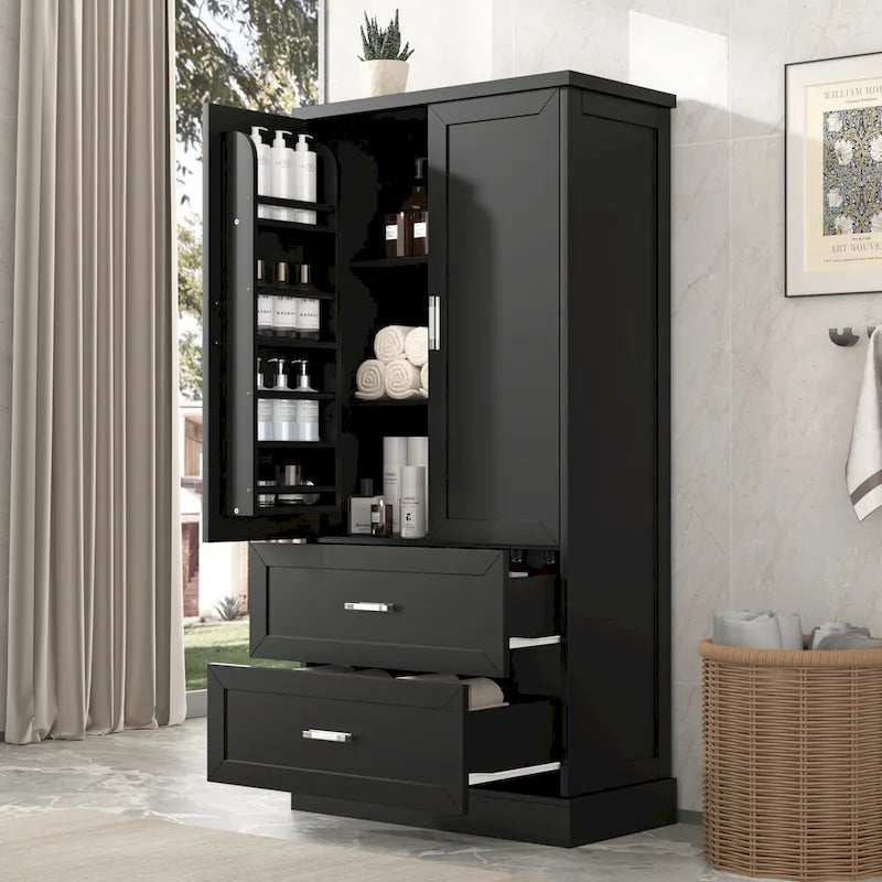 Mobiletto alto da bagno, con due ante e cassetti, ripiano regolabile, pannello MDF
