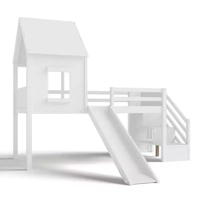 Einzel-Hochbett mit 3 Schubladen und Treppe mit Stauraum, Hausbett aus Holz mit Rutsche und abnehmbarem Schreibtisch