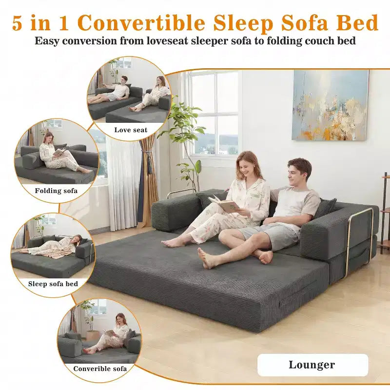 Dyonery canapé-lit pliant 78 en velours côtelé, convertible en lit, format king size, couchage au sol, canapé modulable 4-en-1 à combiner soi-même, confortable et dépliable.