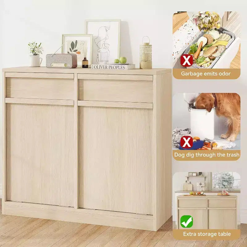 Pattumiera ribaltabile in rovere naturale, con vano contenitore e cassetto, mobile copripattumiera, cesto portabiancheria per cucina, sala da pranzo e soggiorno
