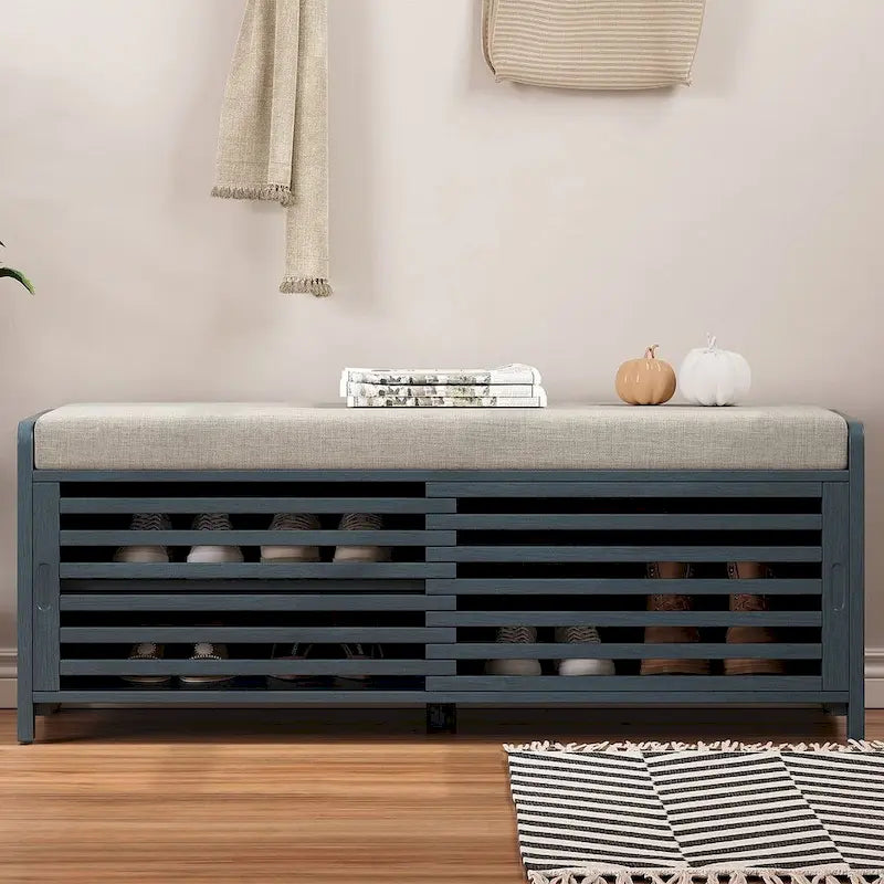 Banc de rangement en bois massif de 43.30 pouces avec persiennes vieillies contemporaines