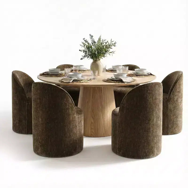 Moderne eethoek voor 6 personen, ronde eettafel met centrale voet, draaibare kuipstoelen op wieltjes, chenillestof met structuur - Panipeachy