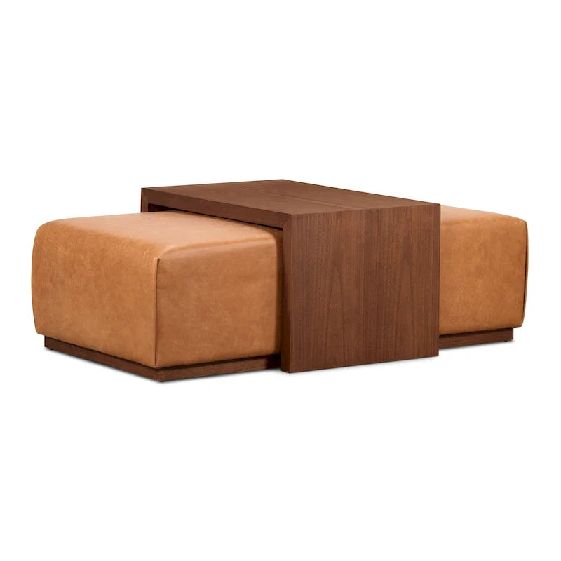 Pouf Poly & Bark Jarmo con tavolino regolabile in noce - vera pelle italiana pieno fiore