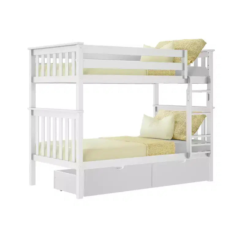 Letto a castello in legno massello per bambini, con due letti singoli sovrapposti e cassetti contenitori sotto il letto