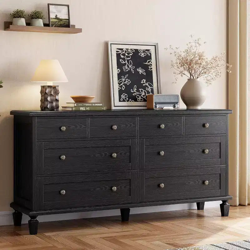 Commode de chambre à coucher à 8 tiroirs, meuble TV vintage de 59 avec poignées sculptées et pieds fuselés, commode en bois offrant un grand espace de rangement