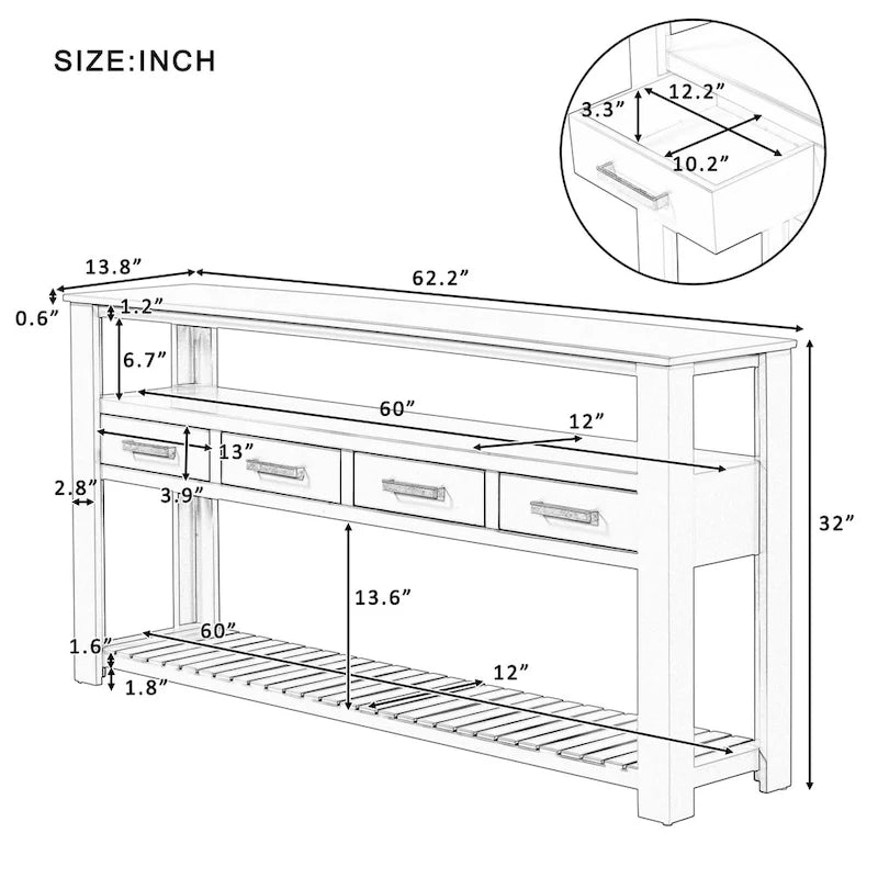 Longue table console pour entrée et canapé avec tiroirs, table console de style rustique en bois avec 4 tiroirs et 2 étagères