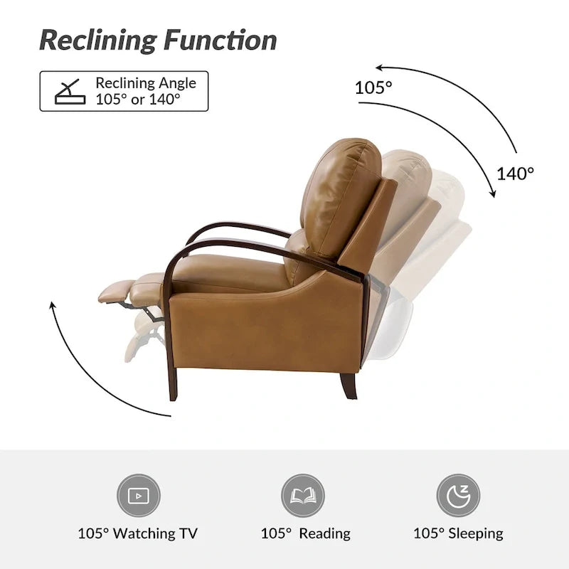 Alex handmatige relaxfauteuil van echt sigarenkleurig leer in mid-century moderne stijl, met gebogen houten armleuningen