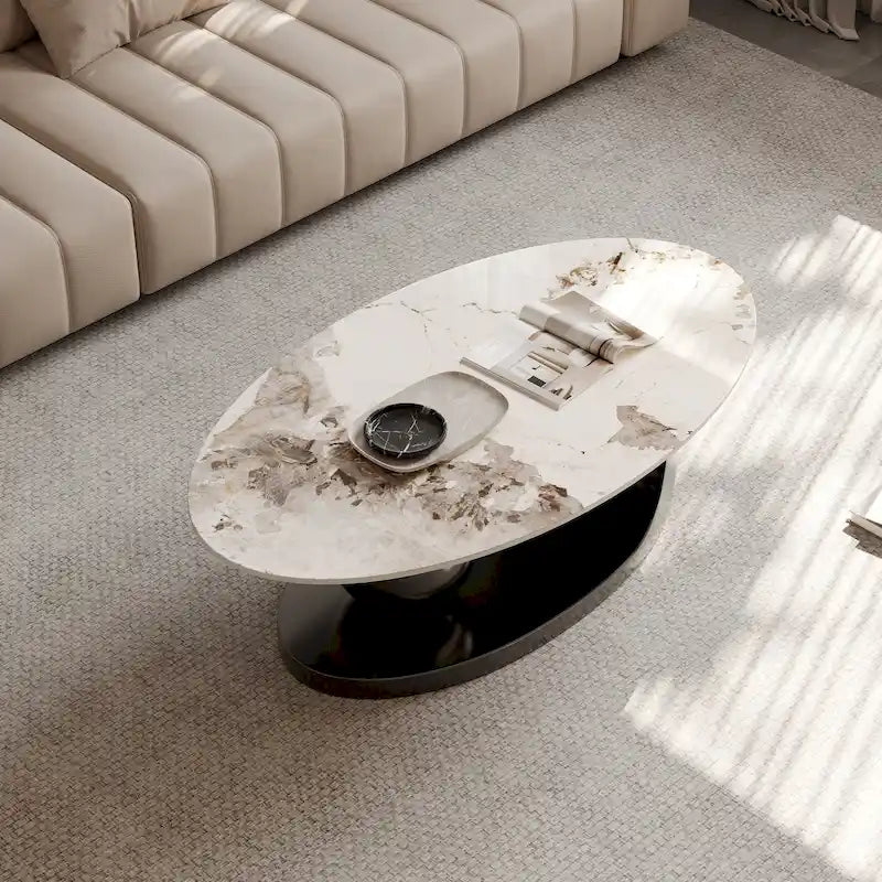 Tavolino da salotto ovale Modern Pandora 51 con piano in pietra sinterizzata lucida, tavolino di lusso con gambe in acciaio inossidabile per il soggiorno