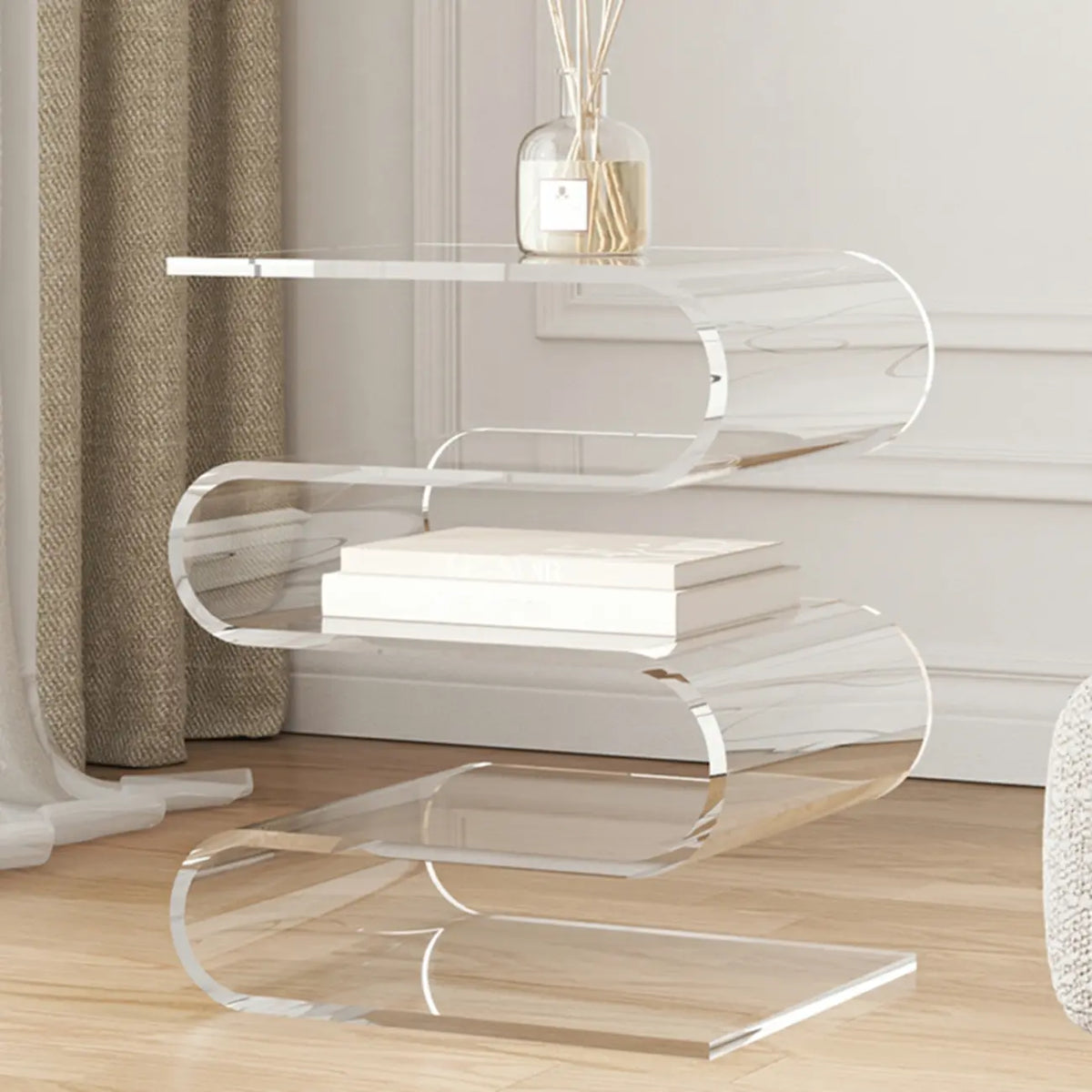 Table d’appoint contemporaine en acrylique en forme de S avec rangement