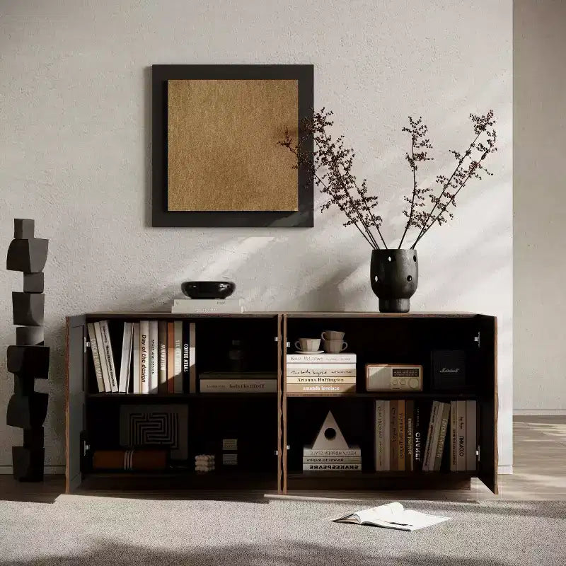 59 modern spiraalvormig dressoir, laag opbergmeubel voor de hal met deuren met 3D-ribbelstructuur