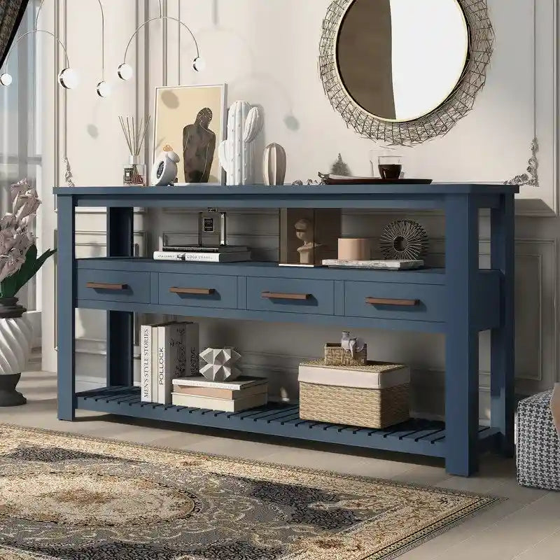 Longue table console pour entrée et canapé avec tiroirs, table console de style rustique en bois avec 4 tiroirs et 2 étagères
