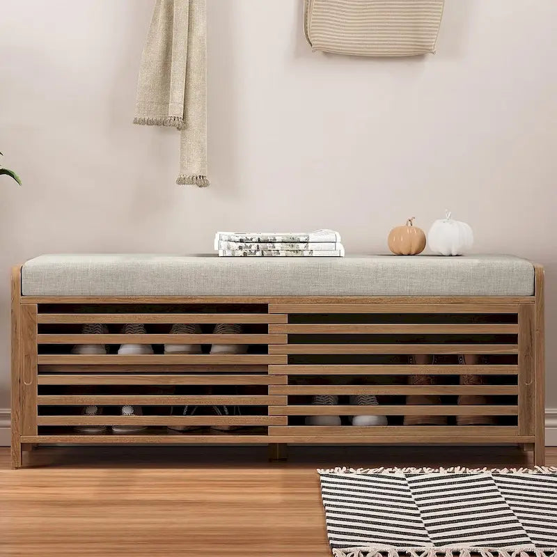 Banc de rangement en bois massif de 43.30 pouces avec persiennes vieillies contemporaines
