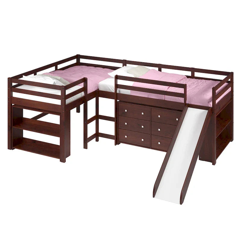 Ensemble de chambre mezzanine avec lits superposés doubles et toboggan en L, finition cappuccino foncé