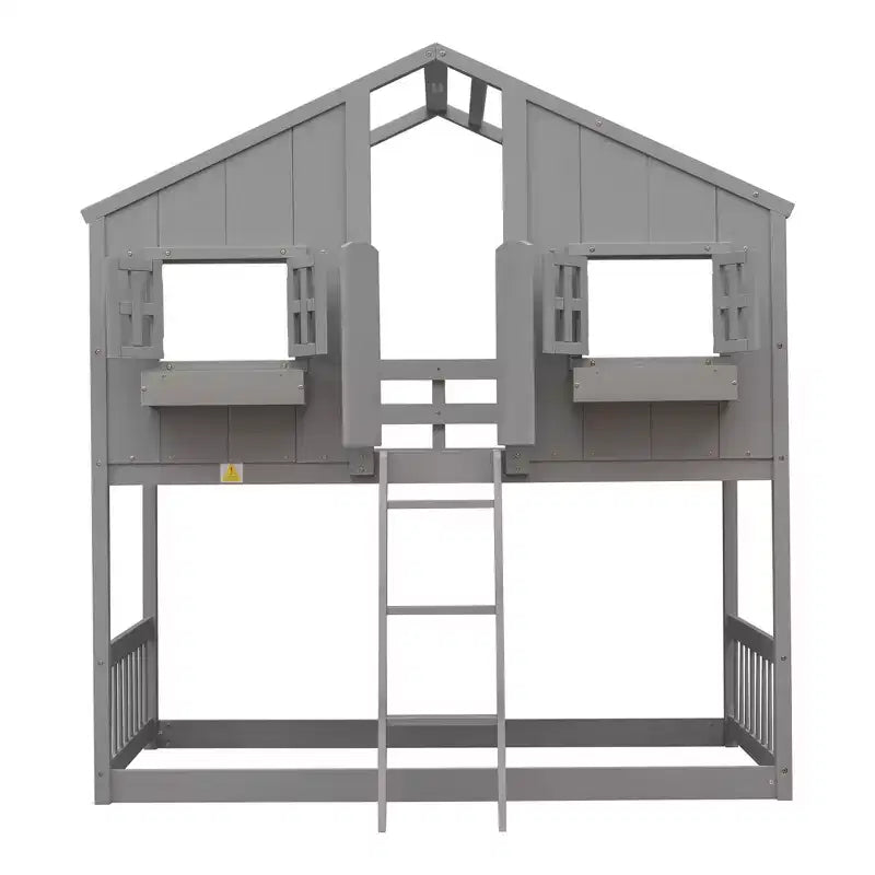 Letto a soppalco a forma di casetta per letto singolo, in legno, con scala e sponde di protezione per bambini
