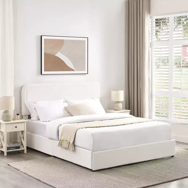 Lit moderne grand format queen en tissu bouclé avec tiroirs de rangement