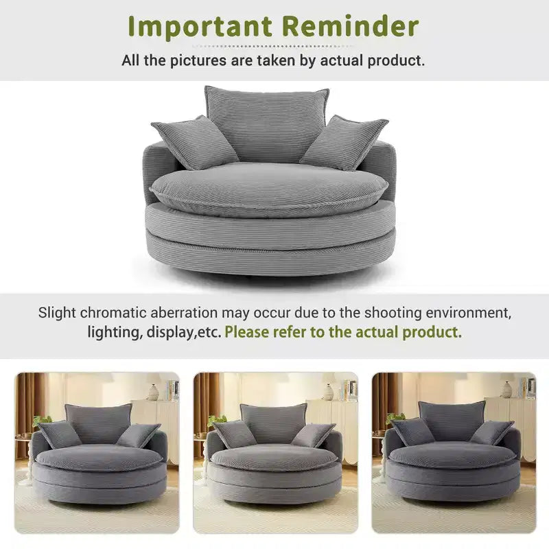 Fauteuil d’appoint pivotant à 360°, fauteuil tonneau rond pivotant avec coussin pour le salon