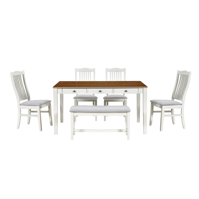 Ensemble de salle à manger en bois de 6 pièces avec 4 chaises et un banc, table avec tiroir