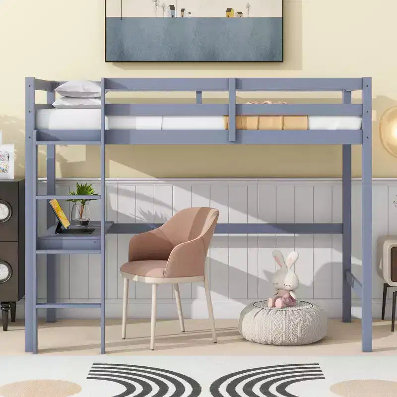 Okak minimalistisch hoogslaper met ladder, hoogslaper van rubberhout voor één persoon met veiligheidsreling en ingebouwd bureau, bedframes voor kinderen en tieners