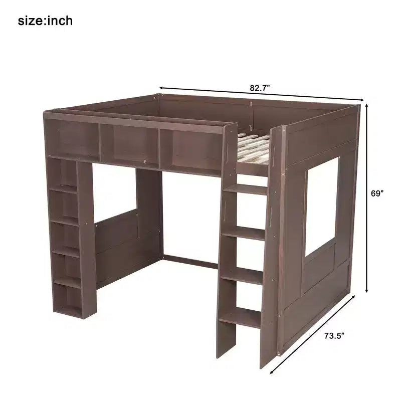 Struttura letto a soppalco in legno Whisen Queen Size con armadietti e ripiani contenitori