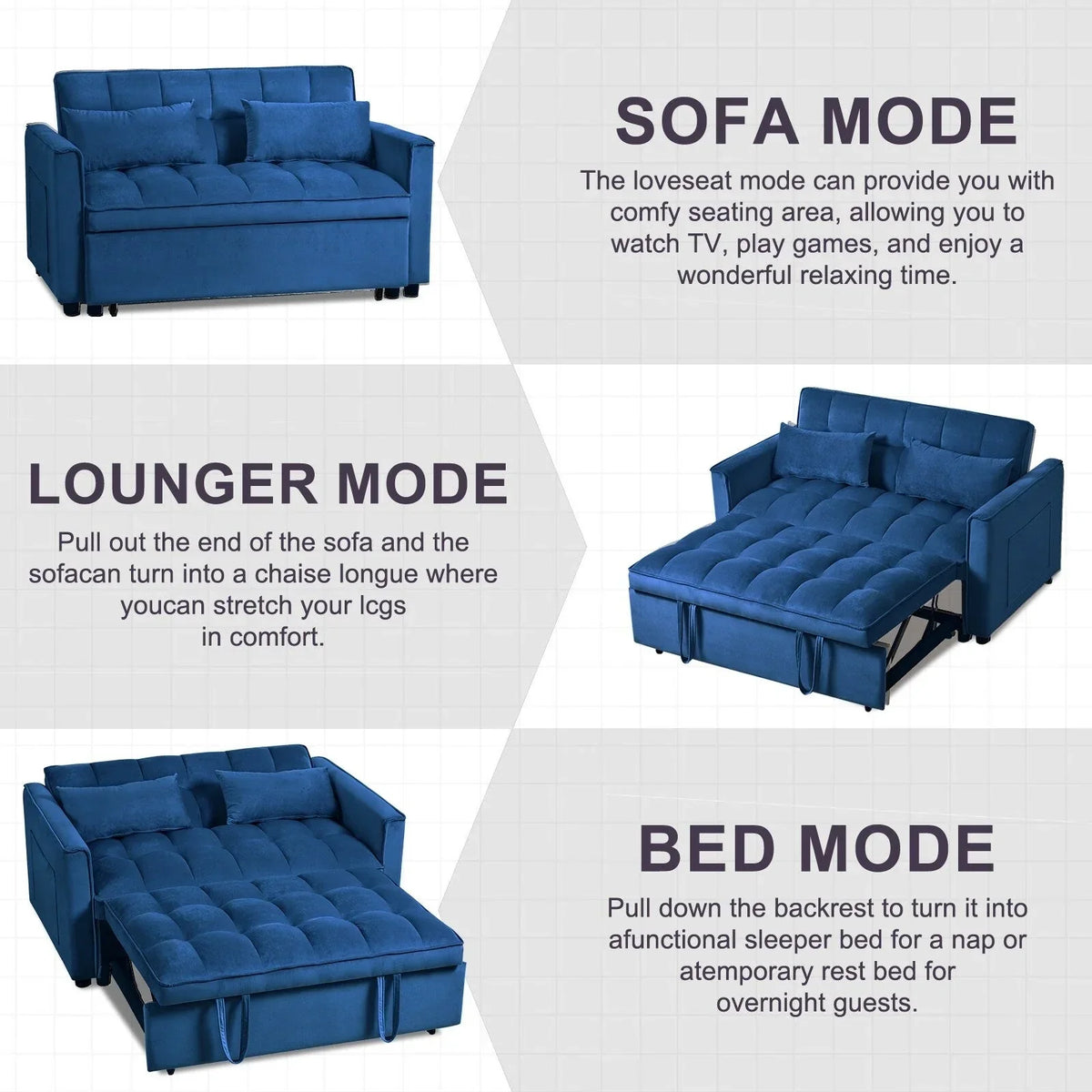 Modernes Ausziehsofa mit Schlaffunktion, 3-in-1-Schlafsofa mit verstellbarer Rückenlehne, Samt-Zweisitzer, Kissen und Seitentaschen