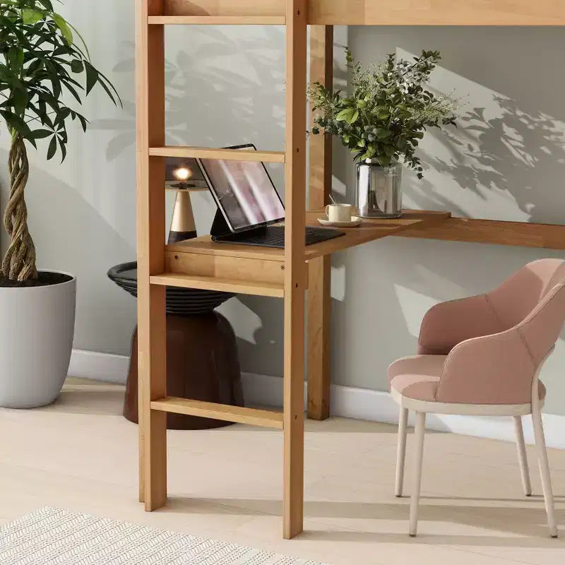 Okak minimalistisch hoogslaper met ladder, hoogslaper van rubberhout voor één persoon met veiligheidsreling en ingebouwd bureau, bedframes voor kinderen en tieners