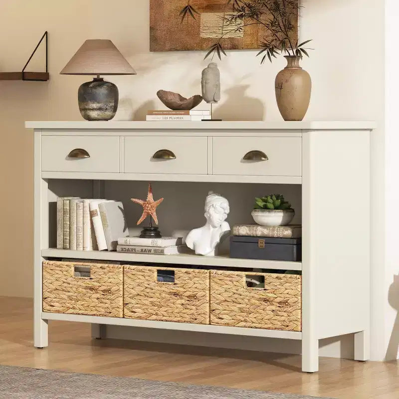 Tavolo consolle da ingresso con contenitore, tavolo da corridoio stile rustico con 3 cassetti e 3 cesti in giacinto d’acqua per soggiorno o ingresso - Panipeachy