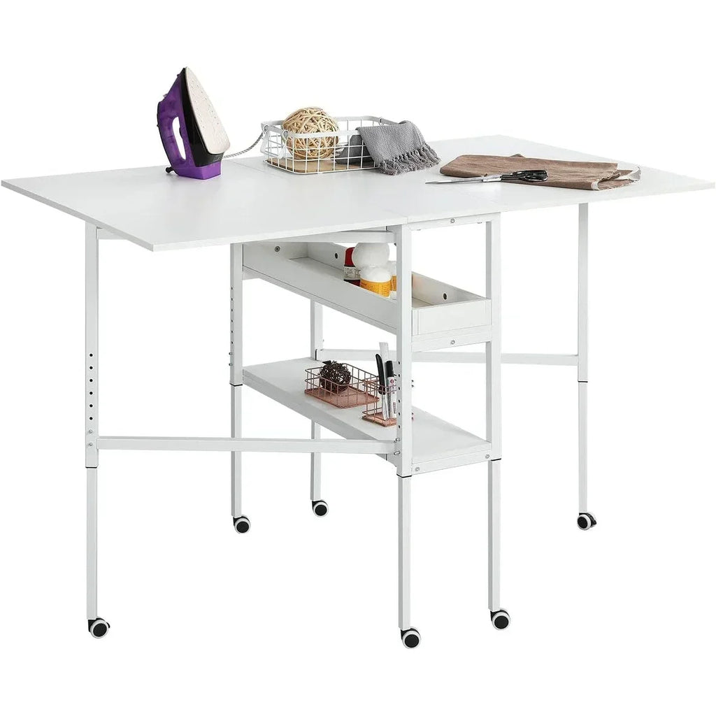Table d’activités réglable en hauteur avec étagères de rangement, table de découpe pliante et mobile pour bureau à domicile, couture ou loisirs créatifs