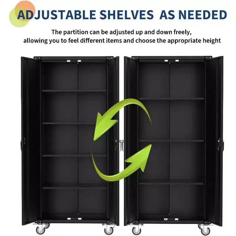 Armoire de rangement pour garage avec roulettes et panneau perforé, armoire métallique verrouillable de 72 H avec 2 portes et 4 étagères réglables pour atelier de garage