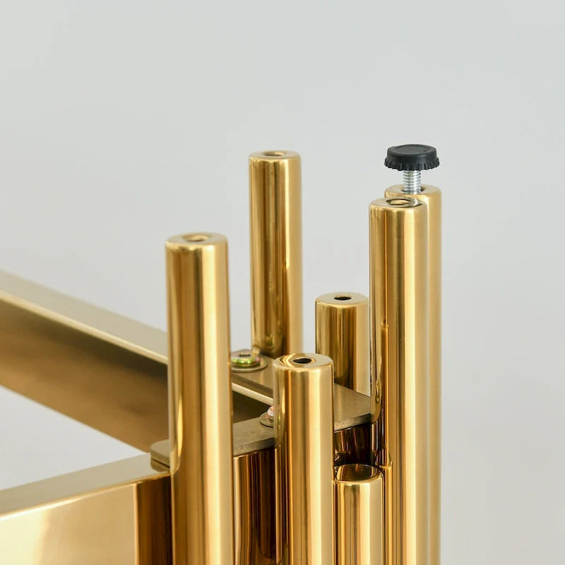 Table console étroite à 2 niveaux avec structure métallique finition or et plateau en verre trempé