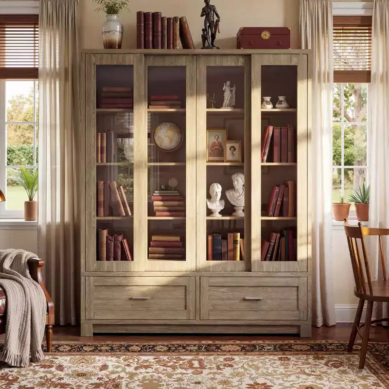 Famapy vitrinekast met licht eikenhoutnerf: 63W, schuifdeuren van glas en ladeopbergruimte, ruime opberger voor thuisbibliotheken en woonkamers