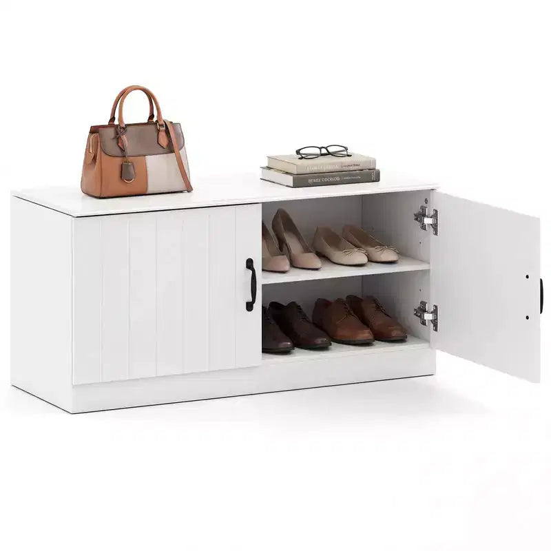 Banc à chaussures à 2 portes avec étagères réglables, espace de rangement dissimulé, naturel + blanc/Blanc