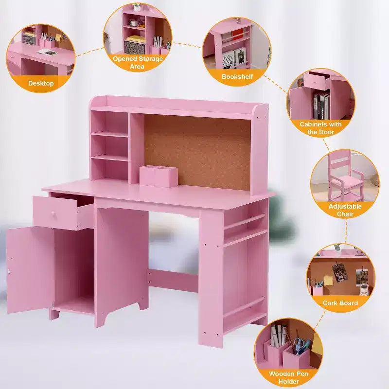 Scrivania e sedia per bambini, set per ragazzi e ragazze, tavolo da studio in legno con libreria, bacheca, armadietto e cassetto, per età da 3 a 8 anni