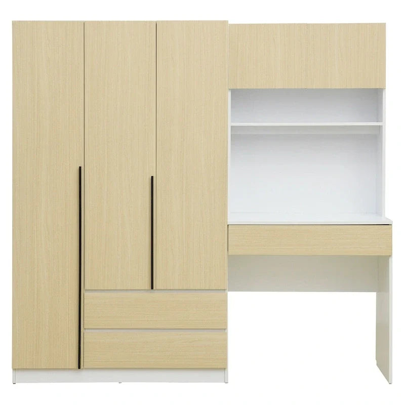 Armoire 3-en-1 avec coiffeuse et bureau, armoire de chambre avec 2 tiroirs et 3 portes de rangement