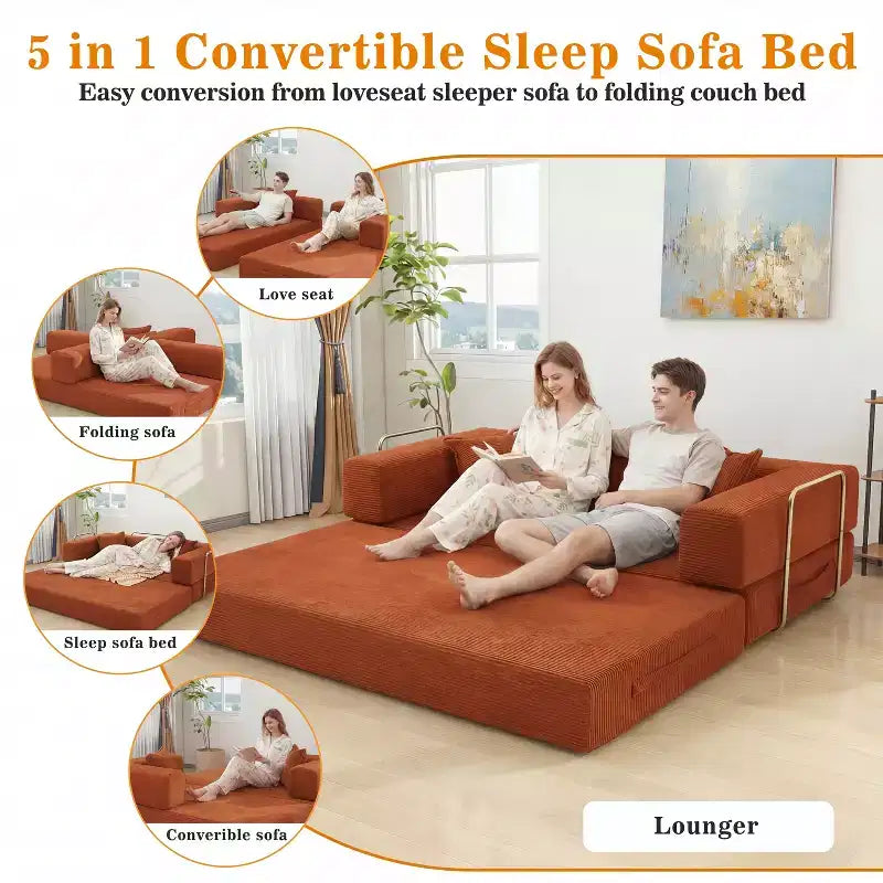 Dyonery canapé-lit pliant 78 en velours côtelé, convertible en lit, format king size, couchage au sol, canapé modulable 4-en-1 à combiner soi-même, confortable et dépliable.