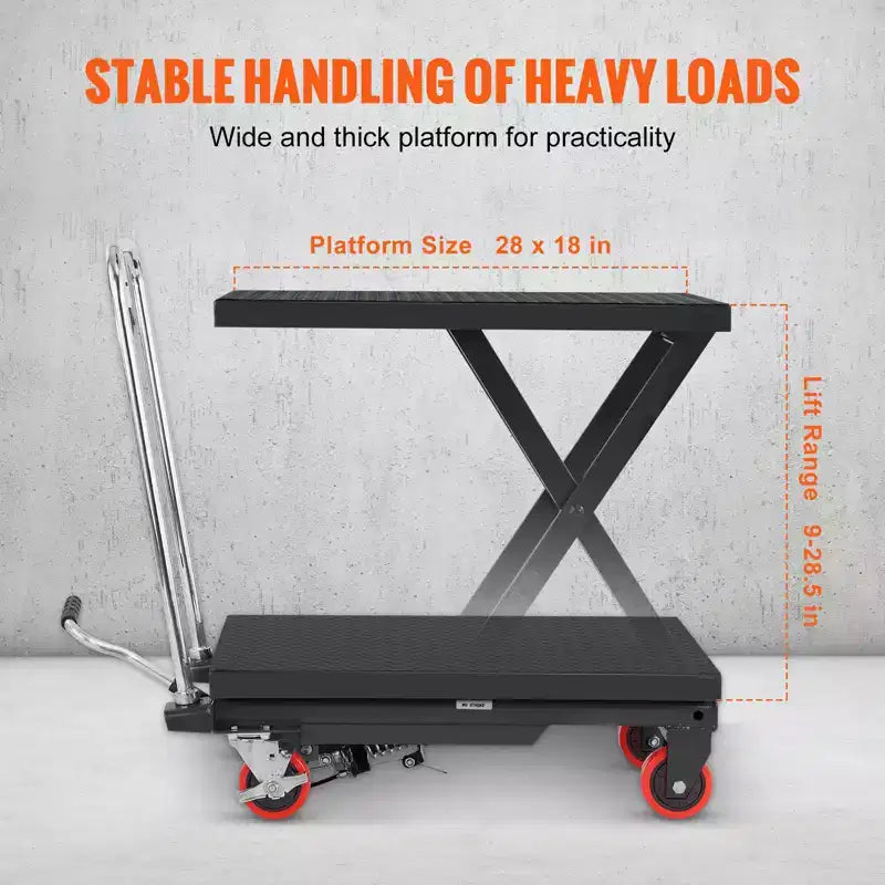 Hydraulic Lift Table Cart, 500lbs Capacity 28.5'' Lifting Height, Manual Single Scissor Lift Table with 4 Wheels and Non-slip Pad