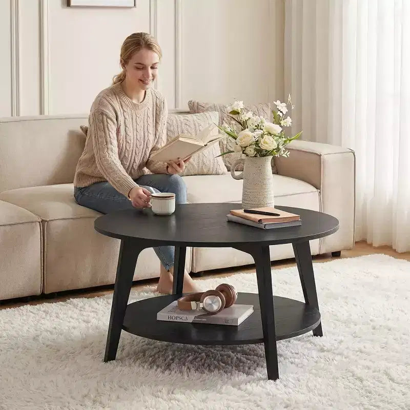 Runder Couchtisch in Honigbraun mit 2 Ablageebenen, Maße 31.5 x 17.7 Inches, ideal fürs Wohnzimmer